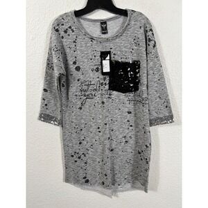 Zarga T-Shirt Women Small Gray New Sequin Pocket Splatter Print Script Edgy 3/4